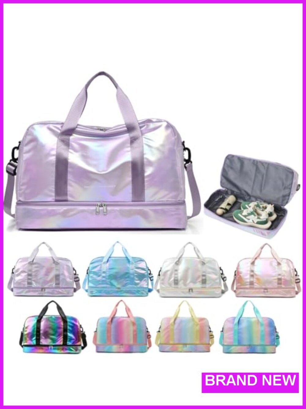 Holographic Shimmering Gym Duffle Bag with Shoe Compartment & Wet Pocket,